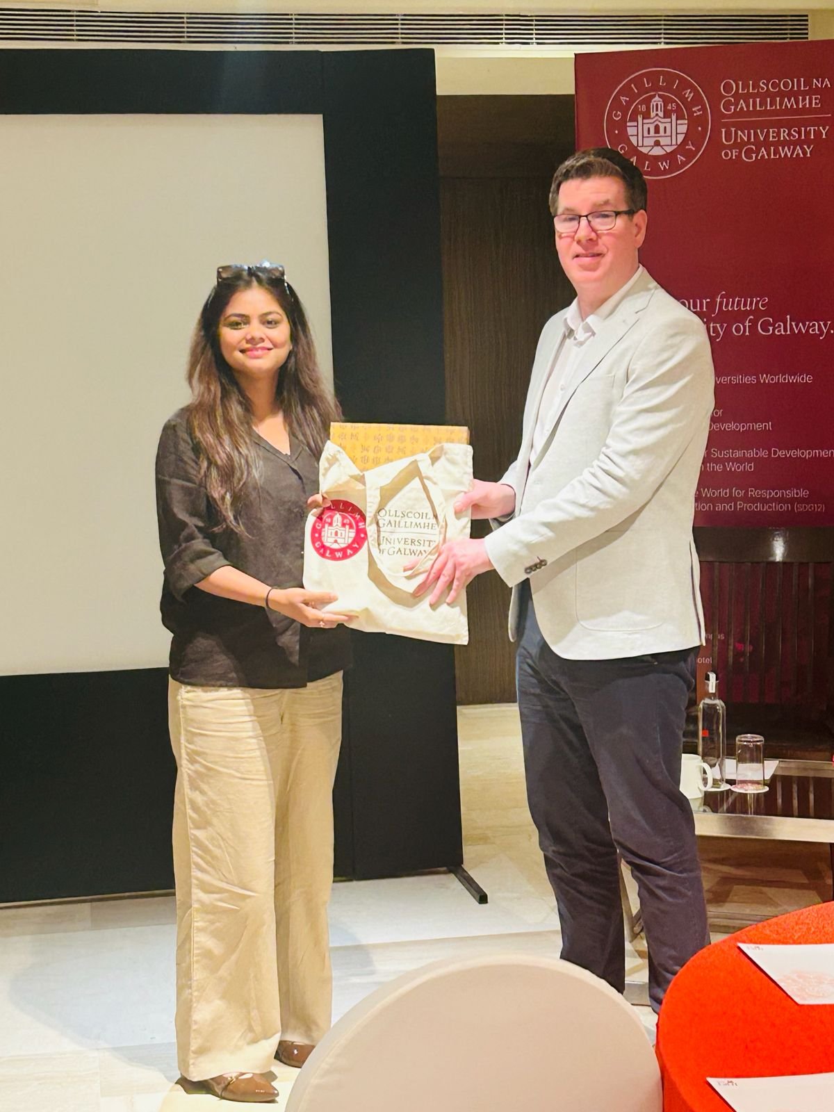 University of Galway gift presentation to The Mentors Circle representative by Vice President International Alex Metcalfe — Partner Leadership Reception, New Delhi