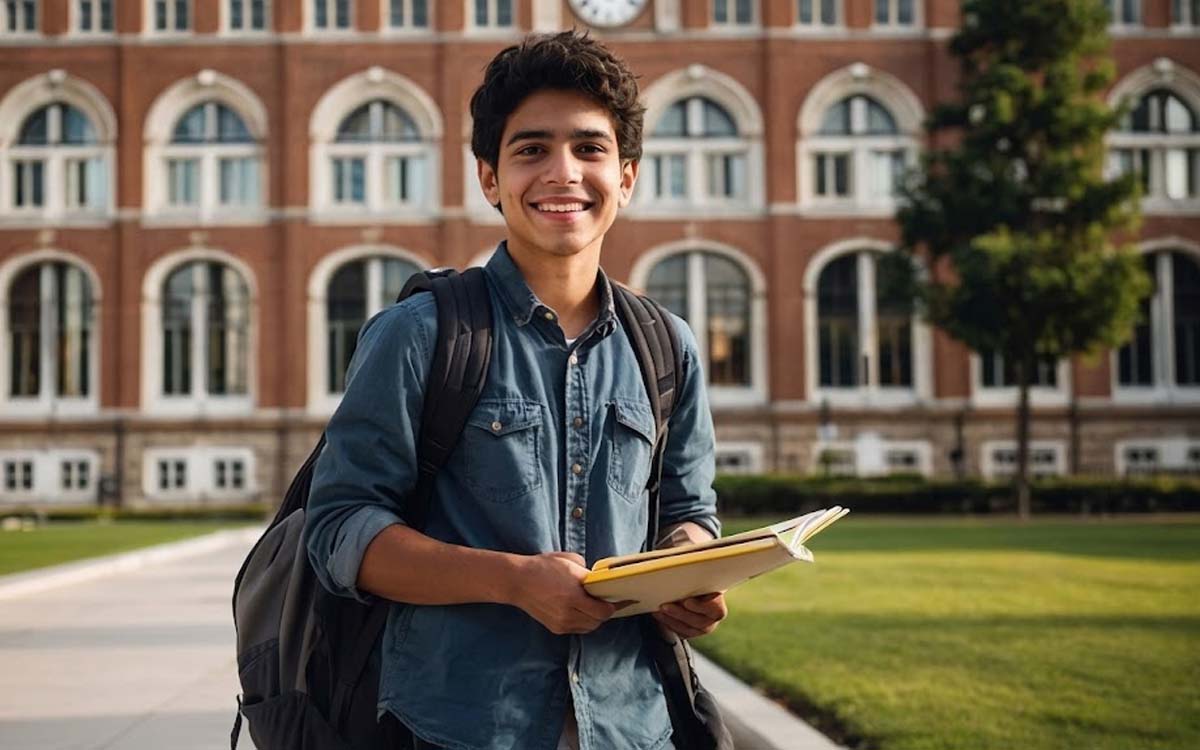 Smiling student with books on a university campus after a study abroad admission offer