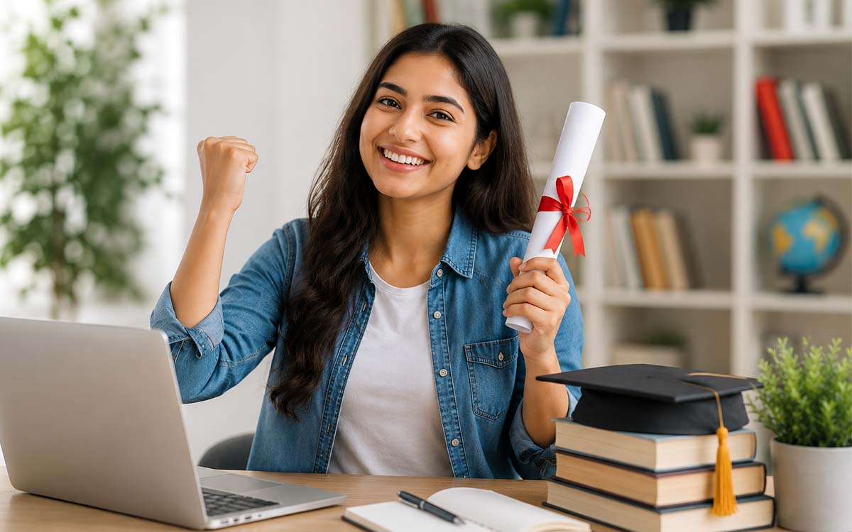 Student celebrating a scholarship with her degree — study abroad counselling in Noida