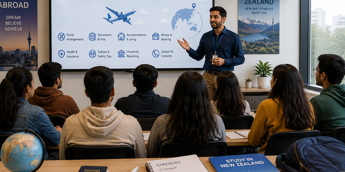 Student visa in hand with departing students at a study abroad pre-departure briefing